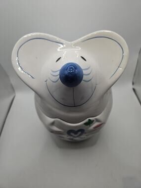 GKRO 10" Mouse Cookie Jar White Blue Bow Ribbon Country Vintage Ceramic